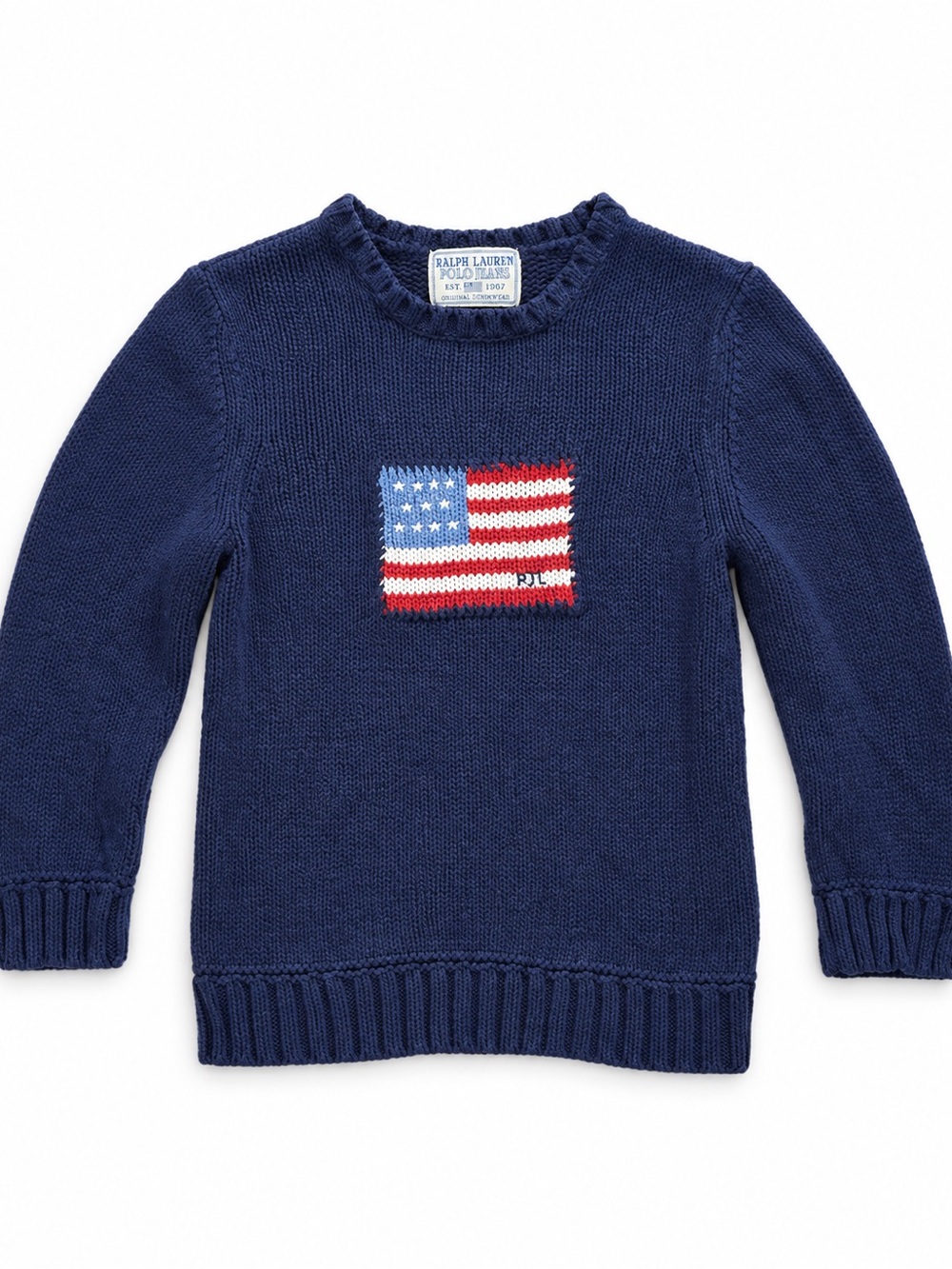 Vintage 90s Polo by Ralph Lauren Navy Knit Sweater with Flag Patch 3/4 sleeve